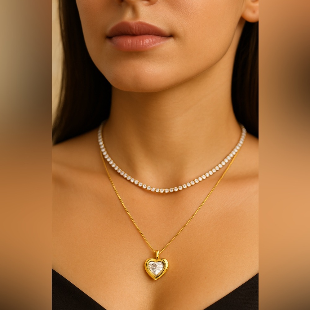 NEW 18K GOLD PLATED LUX SET “THE ADORE SET” – TENNIS + HEART PENDANT
